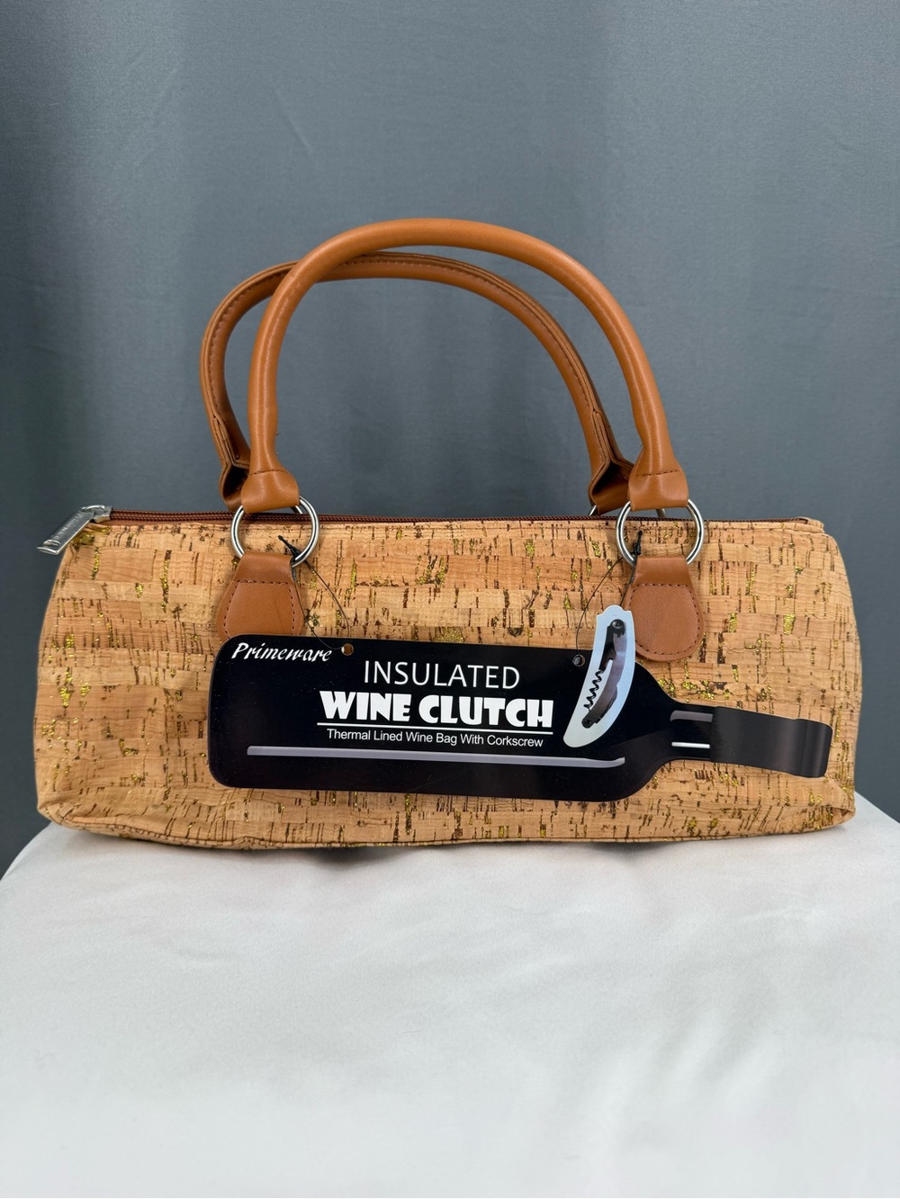 Insulated Cork Wine Clutch Bag with Tan Handles